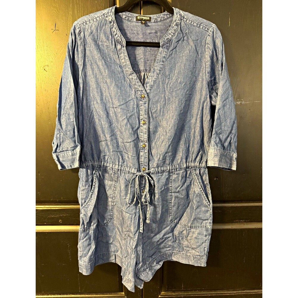 Express Blue Denim V-Neck Romper M Button Front Drawstring Waist Pockets